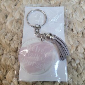 Acrylic Boho Shaped Believe in Yourself Key Chain Silver Glittered Tassel 3.5"